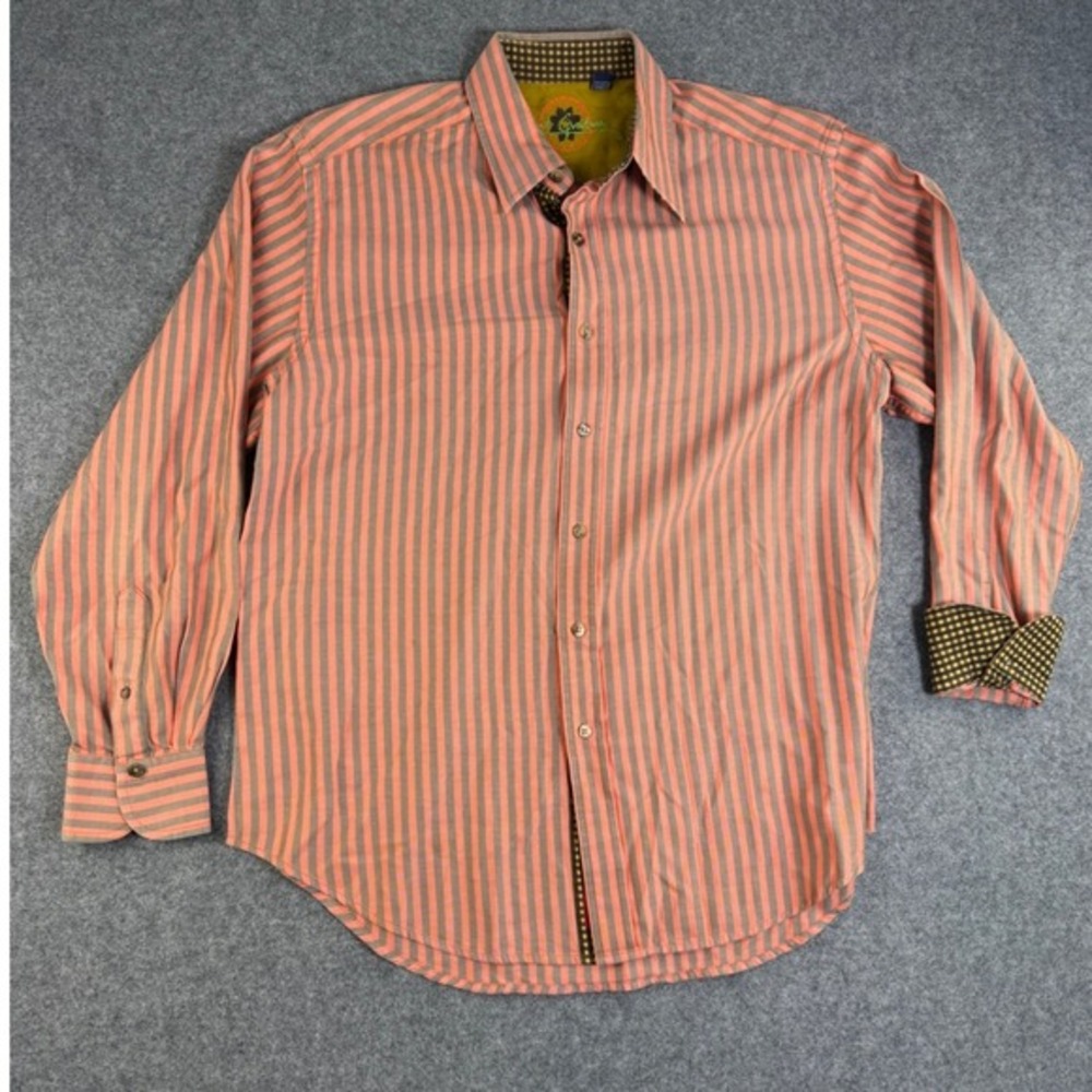 Robert Graham Mens Large Orange Grey Striped Long Sleeve‎ Button Down Shirt L